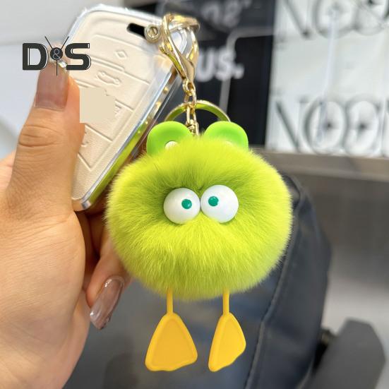 Plush Cartoon Ball Keychain Big Eyes Stress Relief Fuzzy Round Squeeze Ball Toy DIY Mini Metal Ring Keychain Pendant Backpack Ornament Birthday Gift