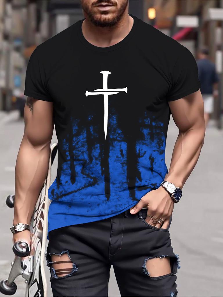 Christian Cross Pattern 3D Print Mens T-shirt Comfy O-shirt Graphic Tee Summer Clothes Outfits Ropa Mans Tops
