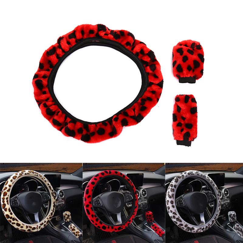 3 stuks / set luipaard pluizige pluche stuurhoes winter auto accessoires