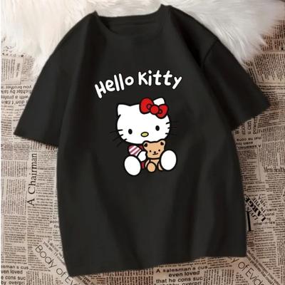 Kreslený Módní Roztomilý Potisk Hello Kitty Dámské Dívčí Tričko Kreslený Harajuku Kulatý Výstřih Krátký Rukáv Unisex Letní Topy