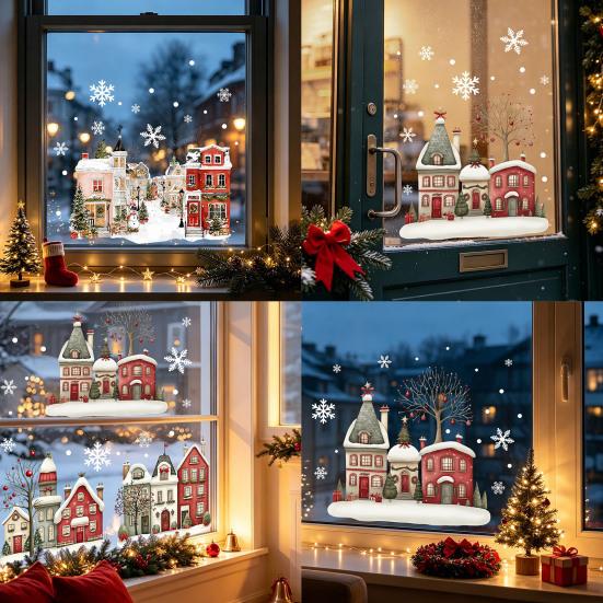 Christmas Window Clings Static Clings, Snowy Town House Snowflake Glass Decals, Reusable Glue Free Adsorption Xmas Stickers, Holiday Decor for