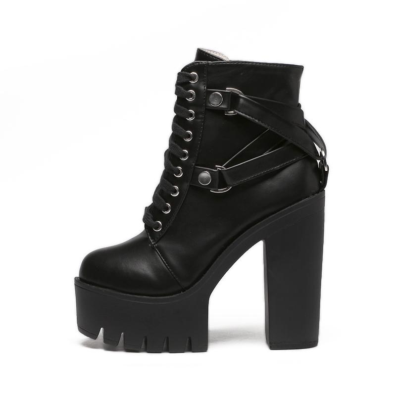 Fashion Black Boots Women Heel Spring Autumn Lace-up Soft Leather Platform Shoes Woman Ankle Boots