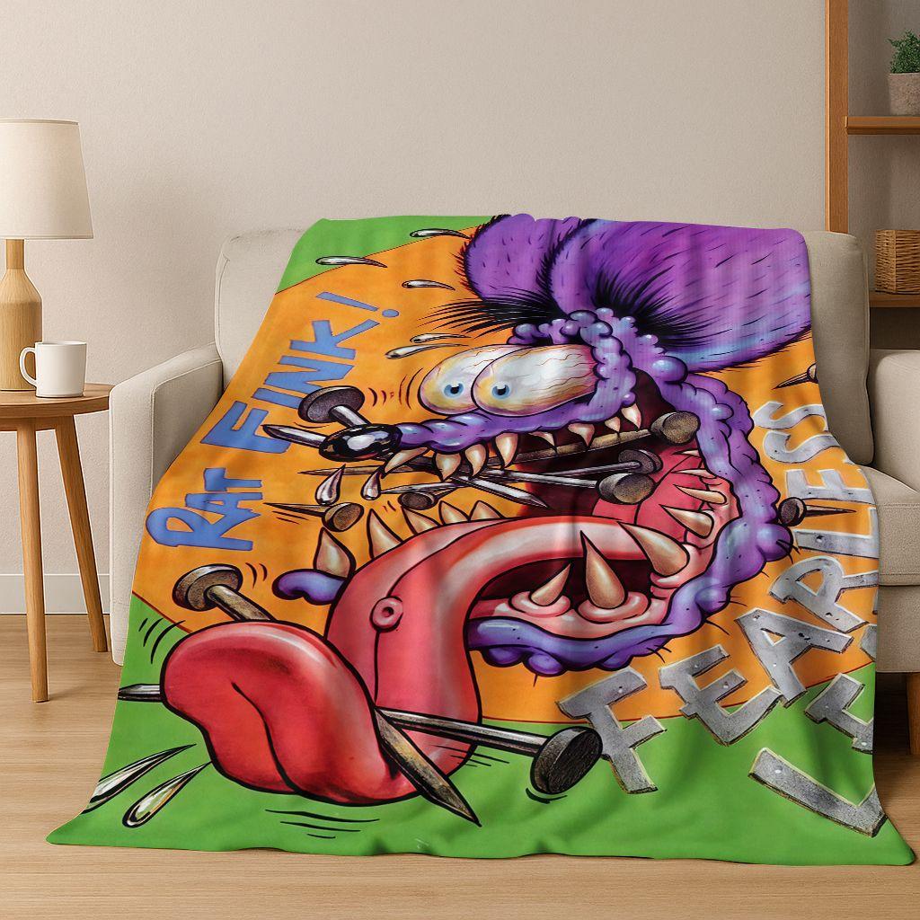 3D Rebellischer RAT FINK Autos Schild Cartoon Flanell Decke, Warme und Gemütliche Weiche Überwurfdecke für Zuhause Schlafzimmer Bett Sofa Picknick Abdeckung