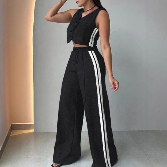 Women's 2 Piece Outfits V Neck Button Down Vest Top Wide Leg Pants Tracksuit Summer Sleeveless Lounge Set