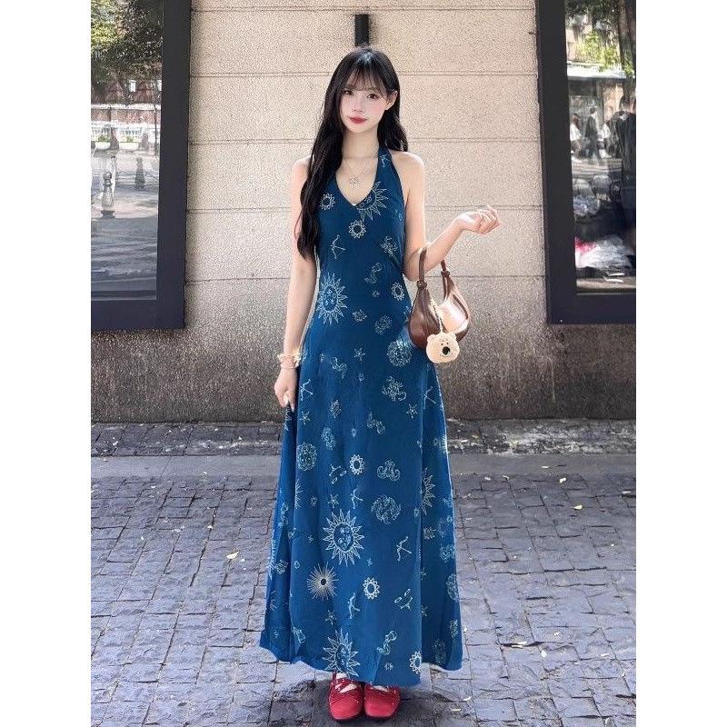 New Retro Vacation Style Blue V-neck Neck Vest Dress Children's Summer Waist Dress