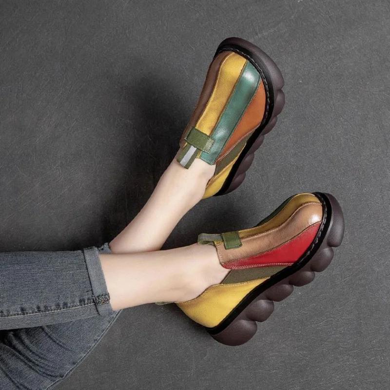 2024 Autumn 2024 New 2024 Ethnic Style Retro Handmade Rainbow Color Female Leather Thick Sole Cake and Casual Shoes