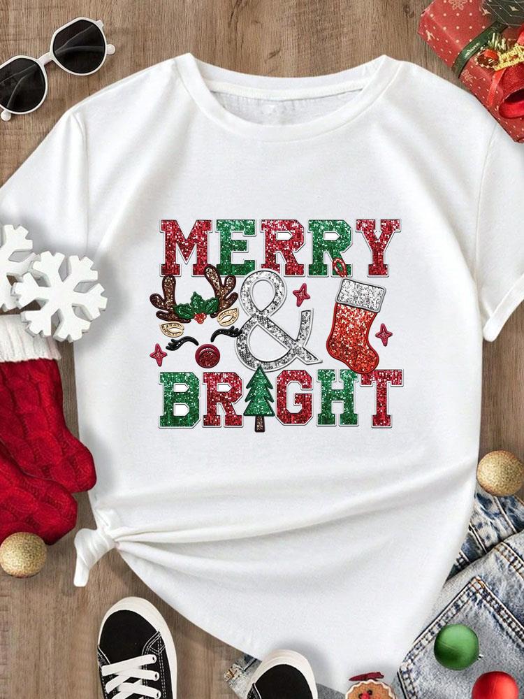 (Asian Size) Tee Merry Christmas New Year Holiday Top festival Casual letter trend cute Women Print Lady Short Sleeve Fashion Graphic T-shirts