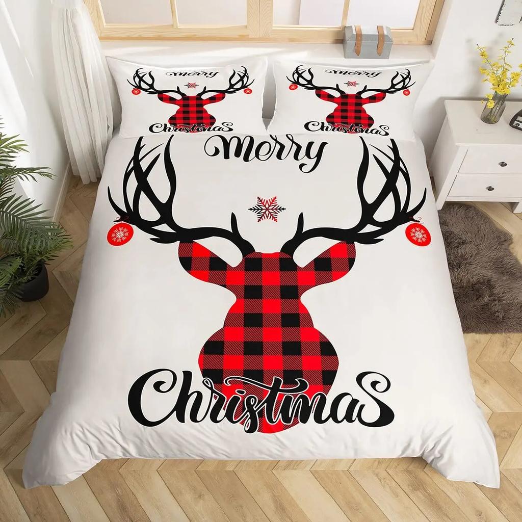 Frohe Weihnachten Bettbezug-SetRot Büffelkaromiert Rustikaler LKW BettdeckenbezugPlaid Weihnachtsbaum Elch Hirsch Schneeflocke Bettwäsche-Sets