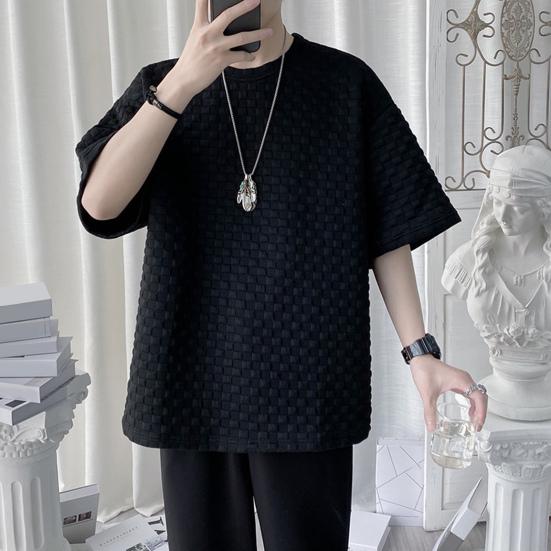 Męska koszulka z krótkim rękawem i okrągłym dekoltem, wafelkowa, z nadrukiem 3D, letnia, gładka, prosta koszulka, streetwear