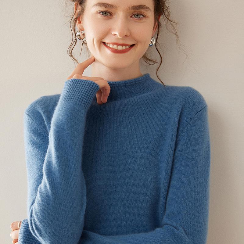 Women's Rolled Hem Cashmere Sweater: Pure Cashmere, Double-Ply, Thick Knit, Half-High Neck, Short, Loose Fit, Versatile Base Layer.