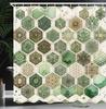 Perdea de duș verde salvie, model fagure hexagonal cu ornamente abstracte psihedelice în nuanțe de jad, set decorativ pentru baie din material textil