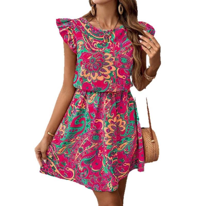 Women's Print Dress Summer Casual Floral Ruffled Holiday Beach Dress