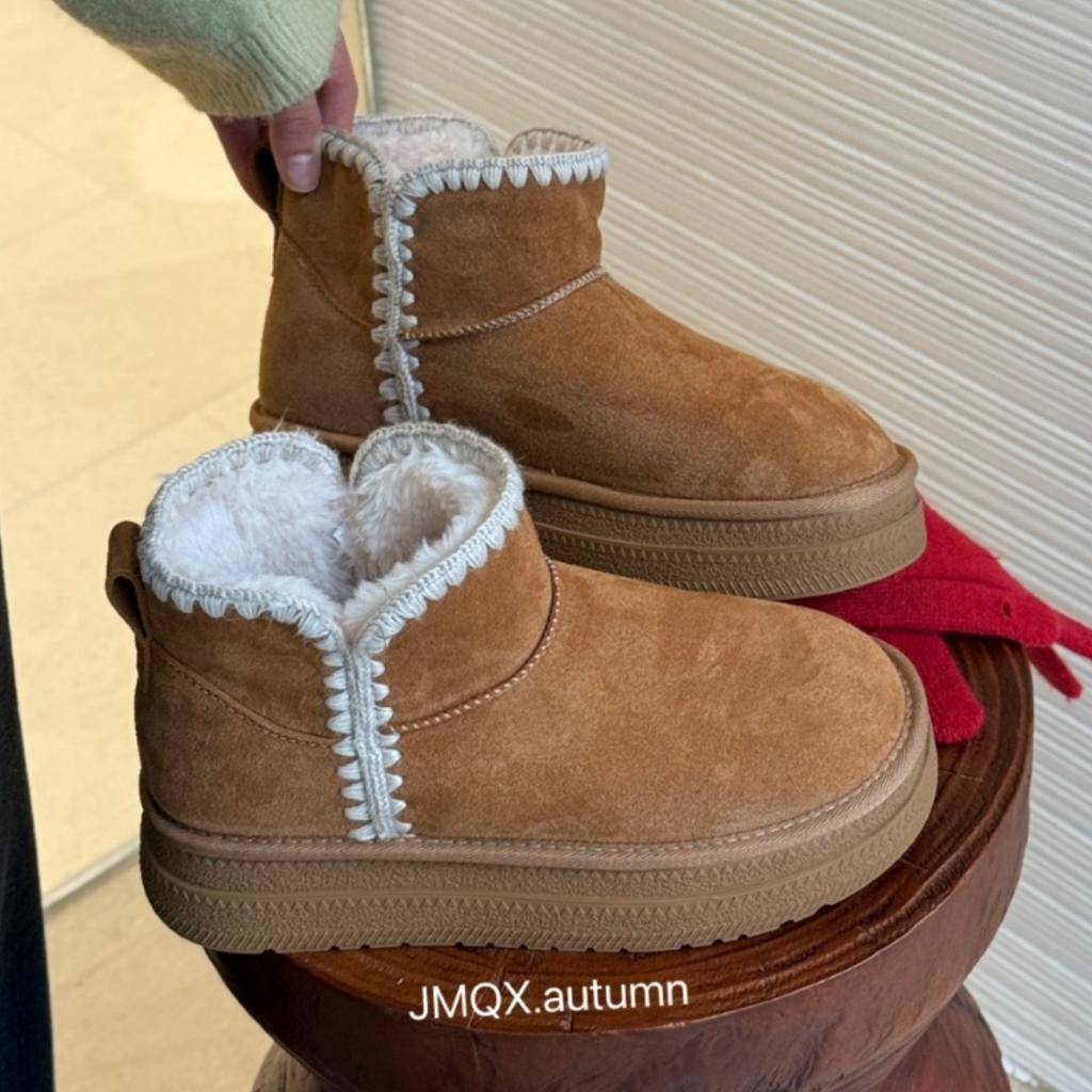 Korean version of genuine leather real hair snow boots women's 2025 winter plush thick-soled short thermal cotton shoes, genuine leather plush