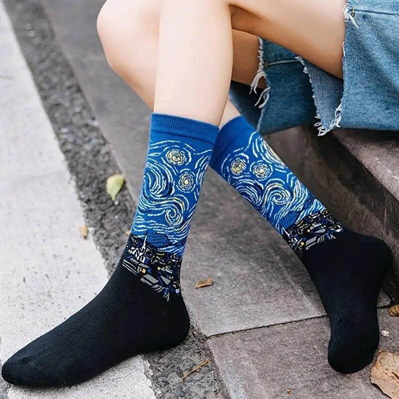 1/2/6 Paar Herren Retro Abstrakte Kunst Socken Shout Modern Van Gogh Sternennacht Happy Ölgemälde Komfort Skateboard Socke