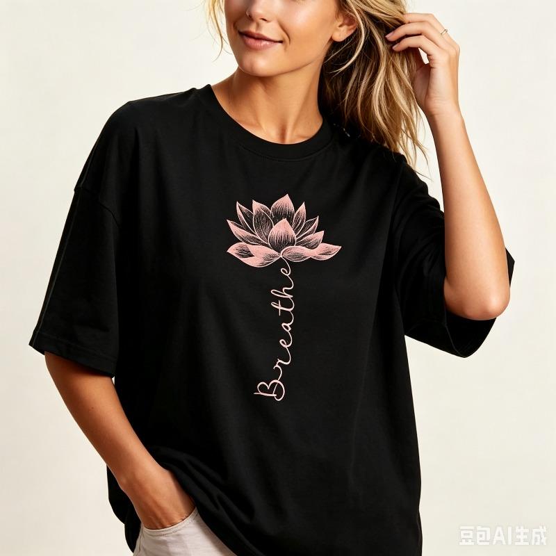 Lotus Breathe Print Unisexs Tshirt Summer Simple Versatile Casual Yoga Short Sleeve Black White Tee