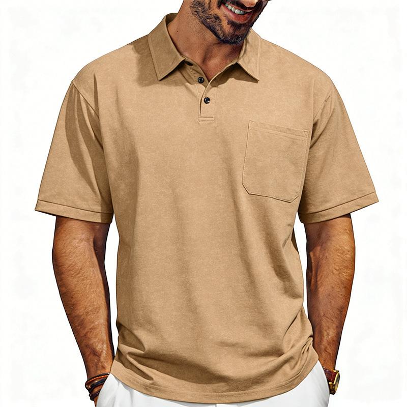 Heren Gewassen Korte Mouw Polo Shirt, Klassieke Reverskraag met Borstzak, Zachte Ademende Stof, Relaxte Pasvorm Business Casual Dagelijks Top