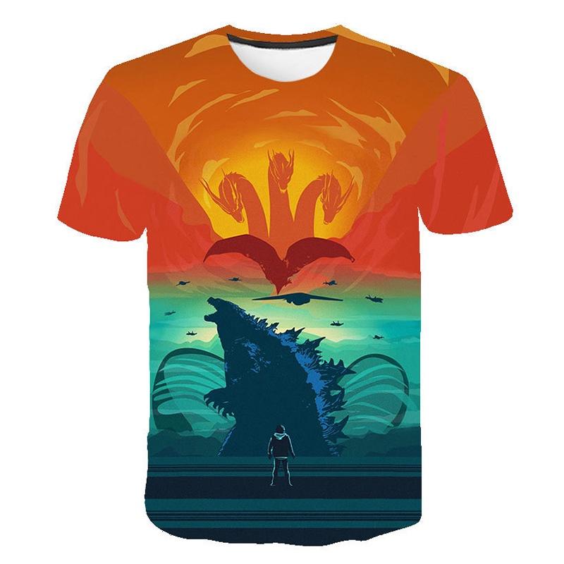 Farbenfrohes 3D-Druck-Godzilla-König-der-Monster-Unisex-Freizeit-Kurzarm-T-Shirt