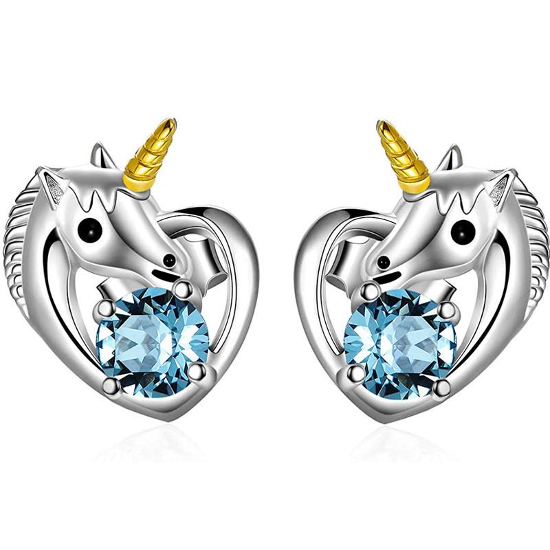 Silver Plated Two-Tone Unicorn Stud Earrings, Blue CZ Heart-Shaped Magical Earrings for Women