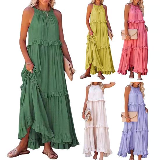 Women Summer Dress Neck Sleeveless Pleated Off Loose Solid Color Ruffle Halter Shoulder Patchwork Vacation Beach Maxi