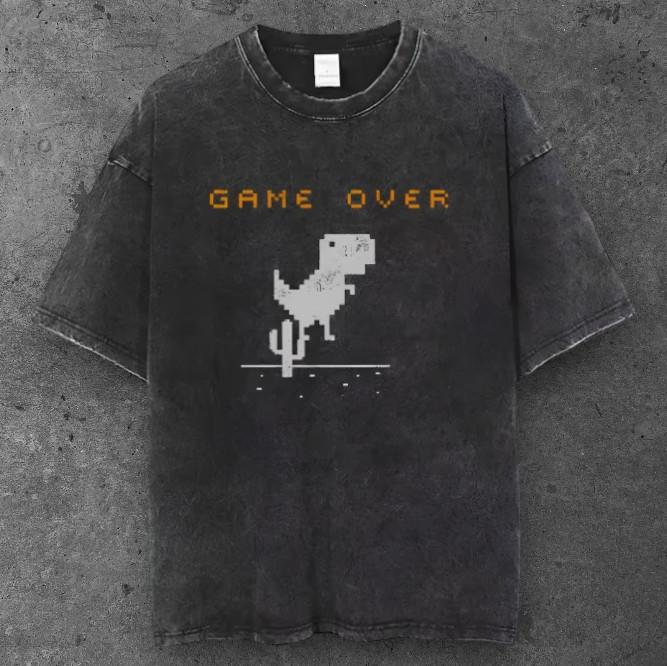 Unisex Pixel Dino Game Over T Shirt Washed Black Y2K Streetwear S-3XL