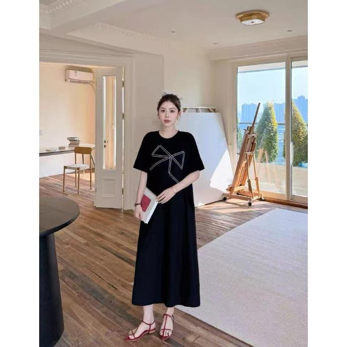 2026 Korean high-end printed T-shirt skirt women's summer plus long over-knee loose and thin lazy dress long dress