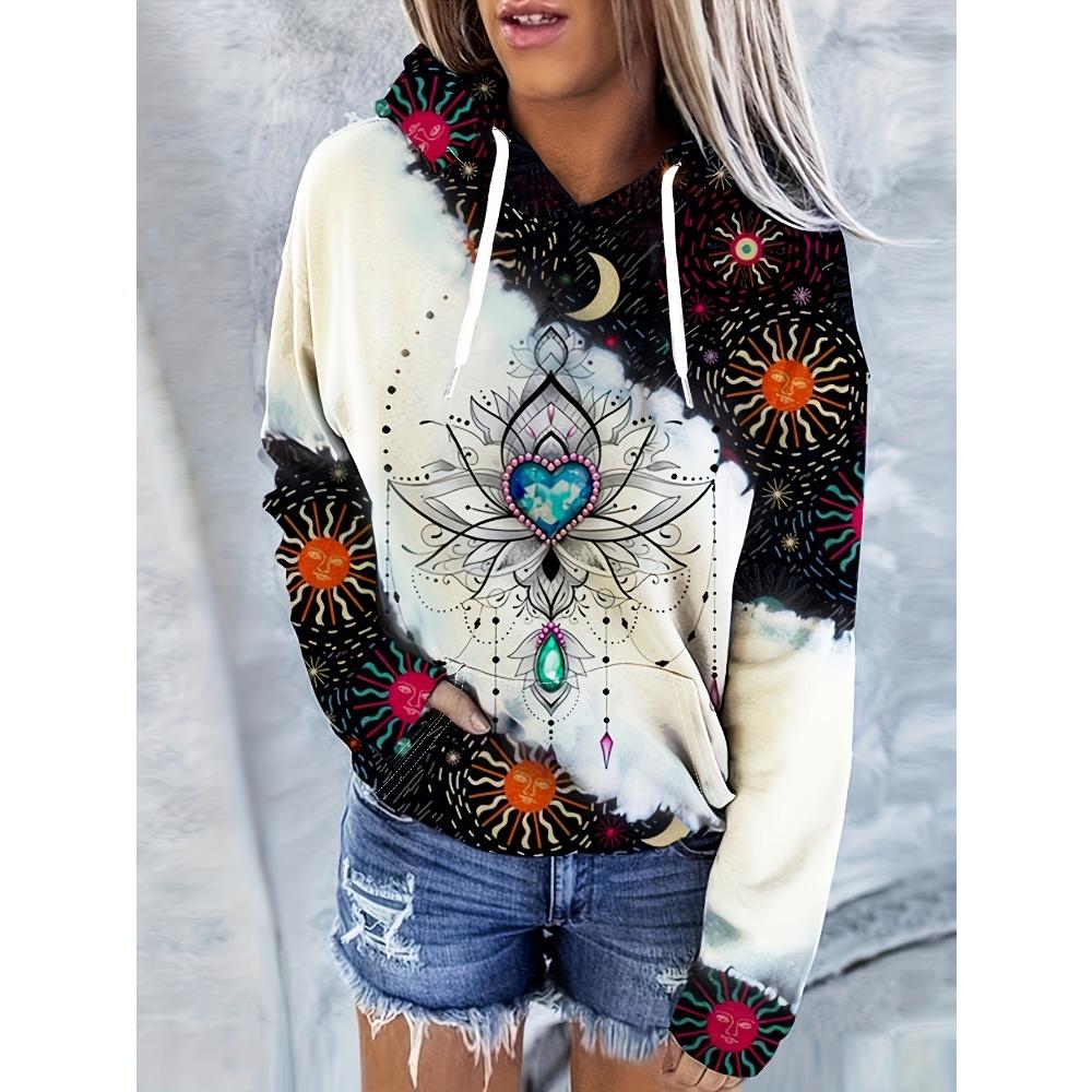 Fashionable Moon & Star Print Hoodie Adjustable Drawstring Hood, Roomy Kangaroo Pocket, Super Soft Womens Casual Sweatshirt