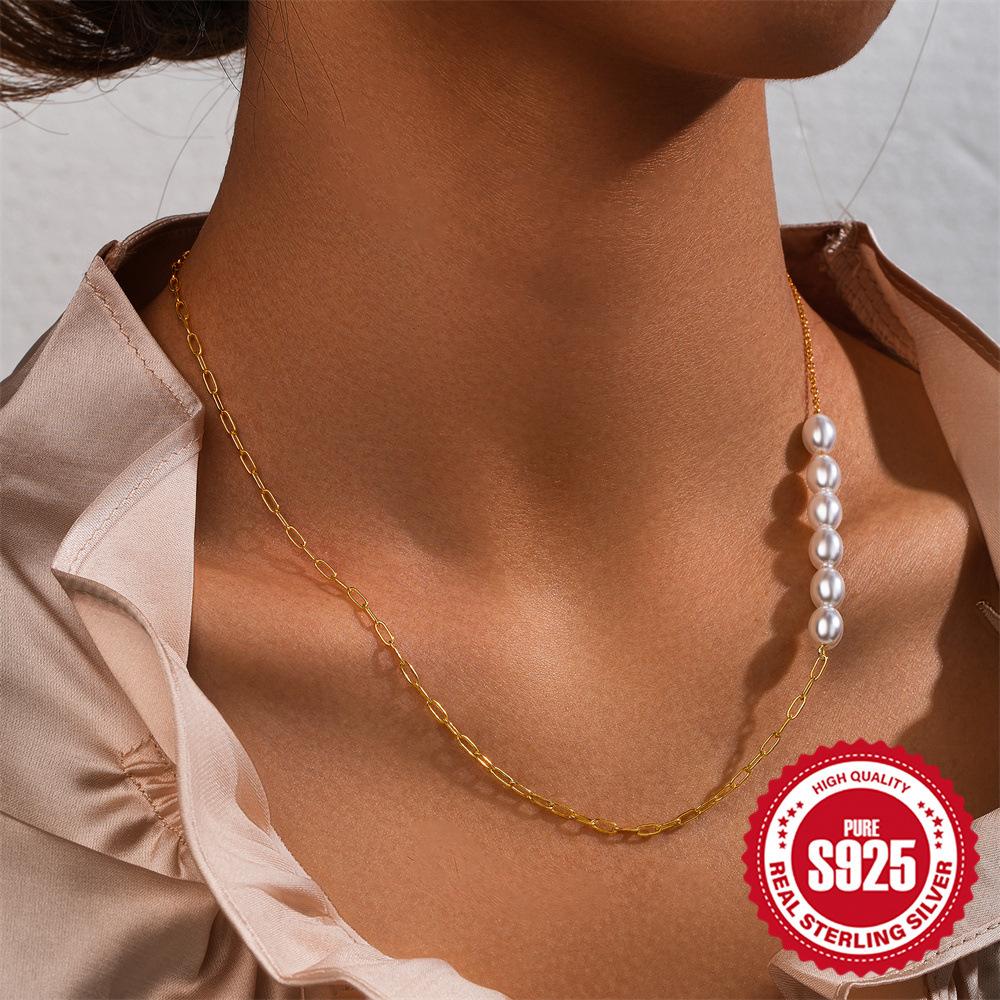 Japanese And Korean Style S925 Sterling Silver Double-Spell Paper Clip With A Sense Of Design Fashion Pearl Necklace Collarbone Chain