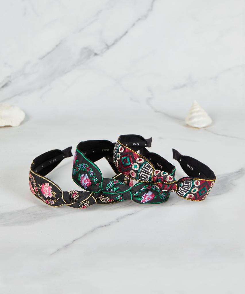 Maia Pearl Flower Jacquard Hairband A-Plain Green