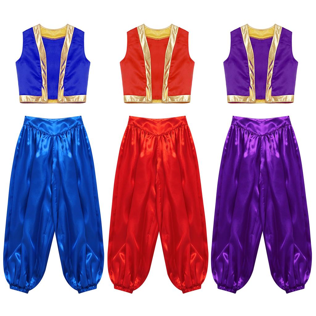 Costumes de Prince Arabe pour Enfants Garçons Tenues de Prince Arabe Mythique Déguisement d'Halloween Gilet à Bordures Dorées avec Pantalon Culotte