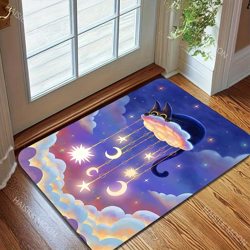 Multiple Sizes Cat On Cloud with Moon Stars Print Carpet Rug for Living Room Bedroom Sofa Doormat Home Decor Non-slip Floor Mat