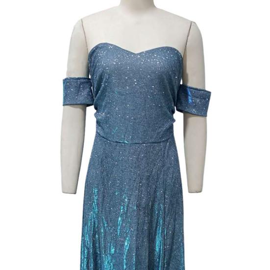 Women Evening Off Shoulder Bandeau Backless Sleeveless Backless Sequin Split Hem A-line Big Swing Prom Party