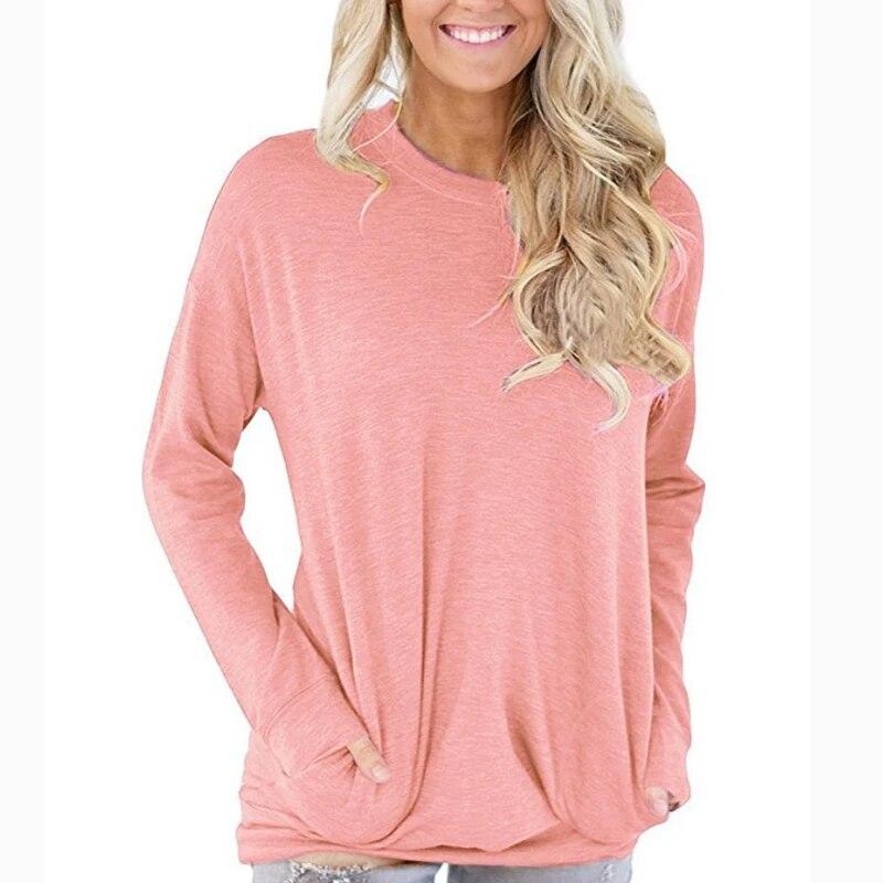 Frühling Herbst Rundhals Frauen T Shirt Casual Langarm Lose T-shirt Frauen Mode Tasche Solide Büro Dame T Tops 30575