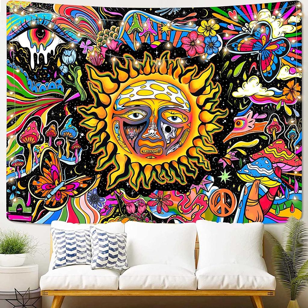 Tapiséria Burning Sun Vintage kvetinová psychedelická huba Dekorácia miestnosti Estetické rastliny a listy Tapisérie Mystic Hippie tkanina