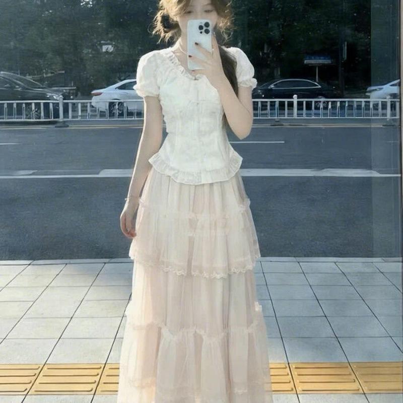 French Sweet and Gentle Lace Top Dress Women's Summer Beautiful Mesh Cake Long Skirt Wear a Whole Suit