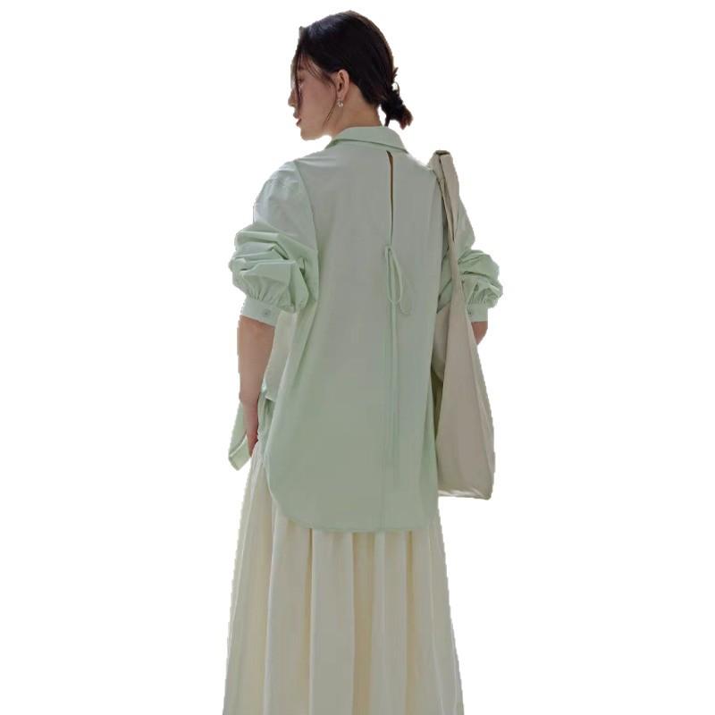 2026 Spring Women's Apple Green Lace-Up Sun Protection Shirt - Long-Sleeve, Airy, Simple, Loose Top