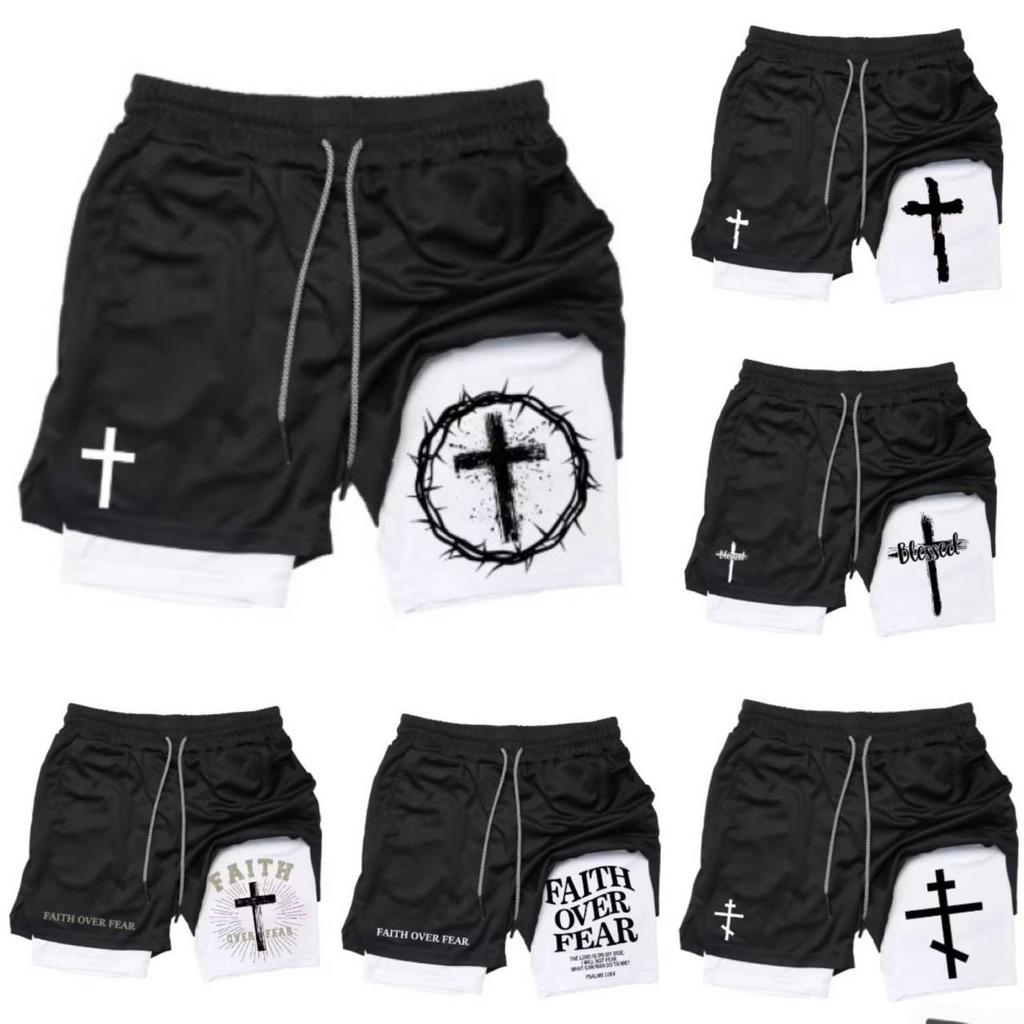 Cross Christian God Bible Pray Faith Jesus Muay Thai Kick Boxing MMA Shorts Men Women Unisex Double Layer Quick Dry Training Sport Gym Fitness Workout