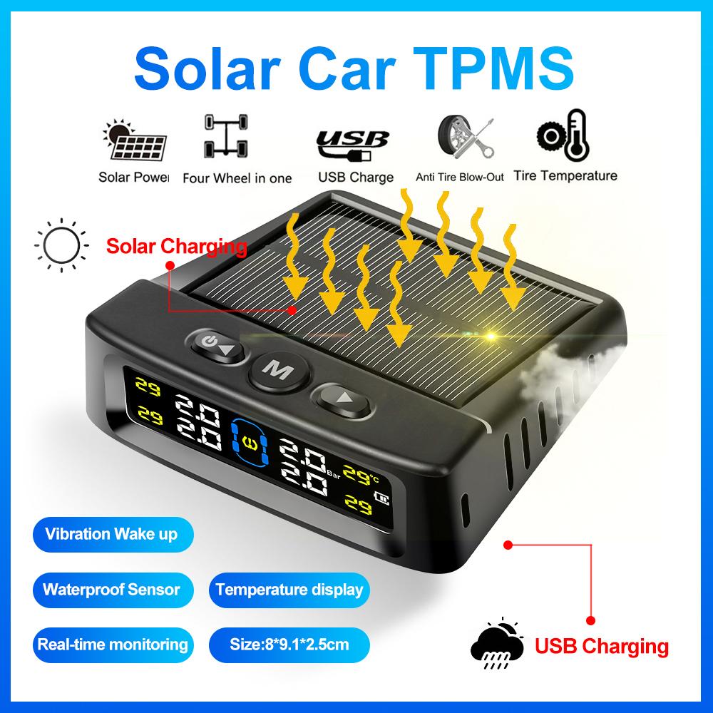 Solar TPMS Car Tire Pressure Alarm Device Auto Tyre Pressure Security Colorful Digital Display 4 External Sensors Tire Pressure Temperature Warning