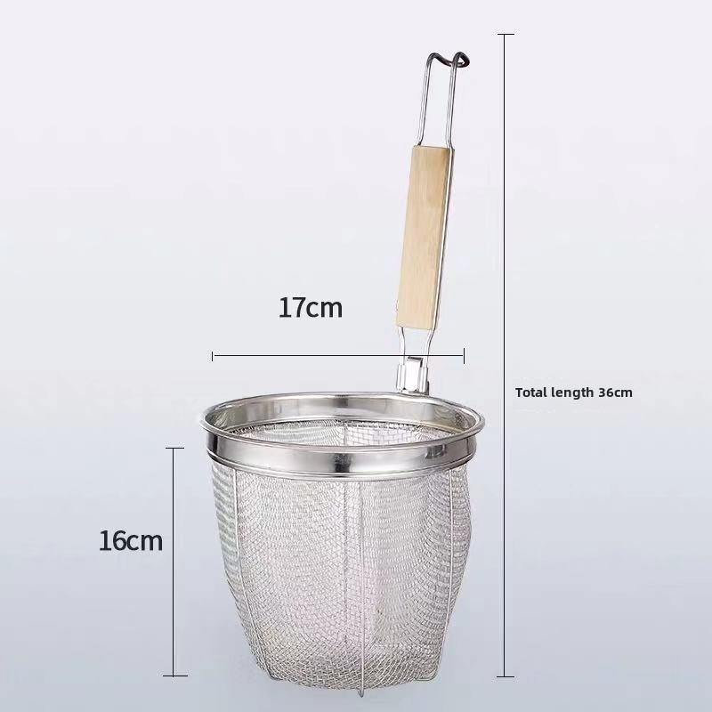 Stainless Steel Noodle Funnel Thickened Multifunctional Pasta Basket Strainer Wooden Handle Noodle Dumplings Mesh Basket