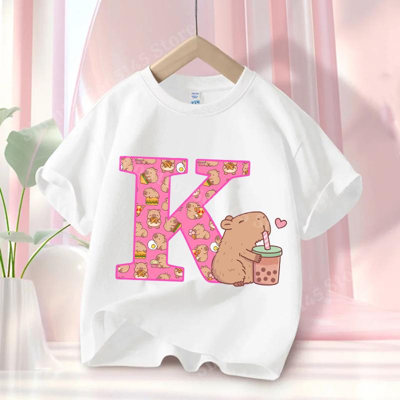 Summer Capibara Anime Letter Cute Printed Children's T-shirt Girls Short Sleeve Fashion Tops Kids Clothes Casual Tees