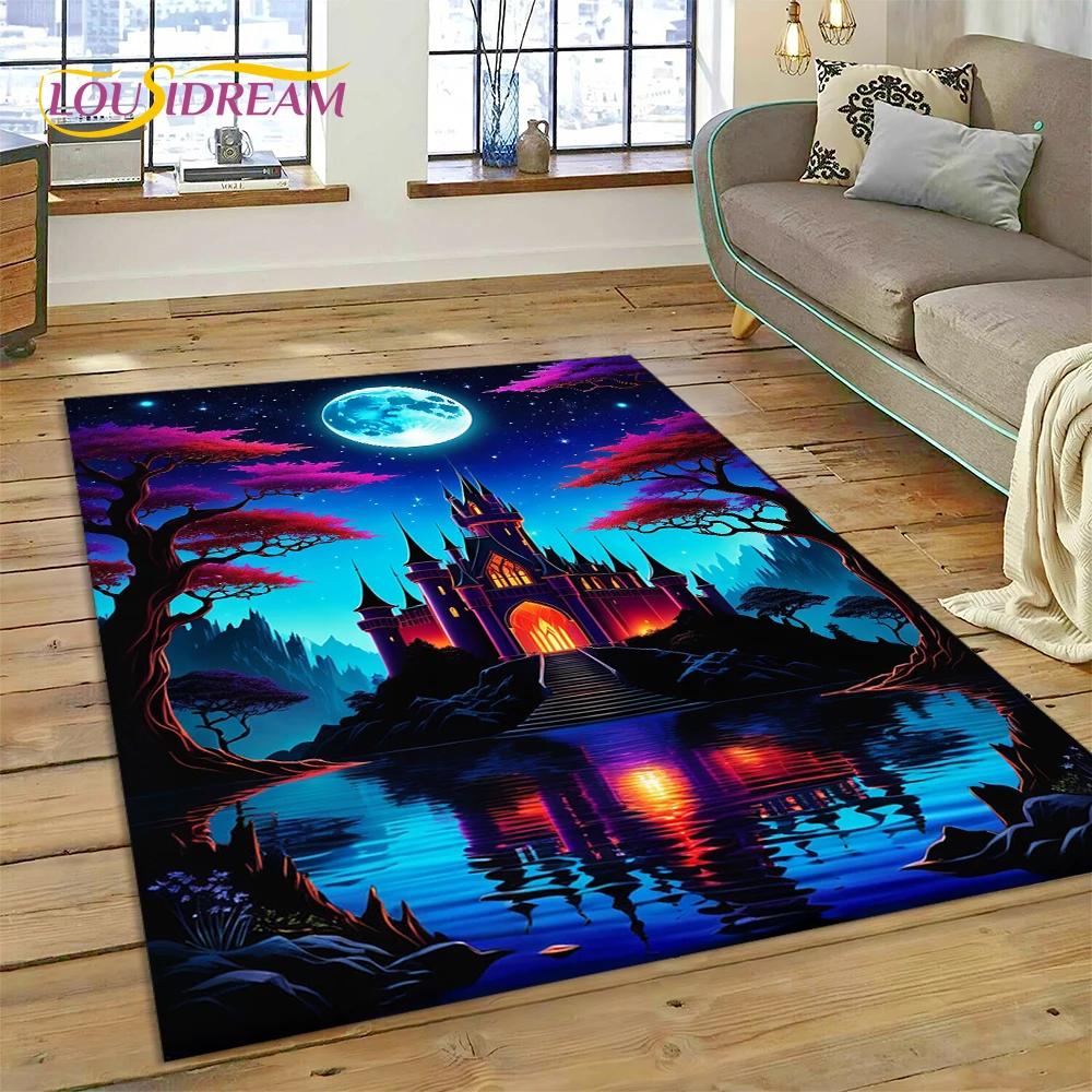 Tapete de Desenho Animado Gótico Misterioso Castelo de Conto de Fadas dos Sonhos para Sala de Estar, Quarto, Casa, Sofá, Tapete para Área Infantil, Tapete de Chão Antiderrapante