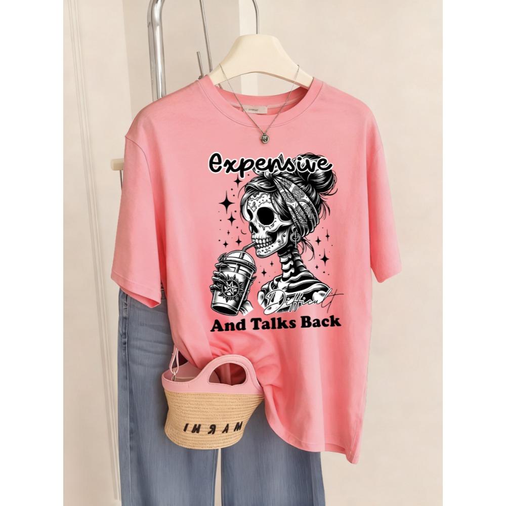 T-shirt Imprimé Crânes Café Paroles Coûteuses Retour Femme Sport Respirant T-shirts Col Rond Y2K Manches Courtes Hauts