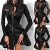 Fashion Sleeve Large Faux Hem Leather Long Mini Women Dress