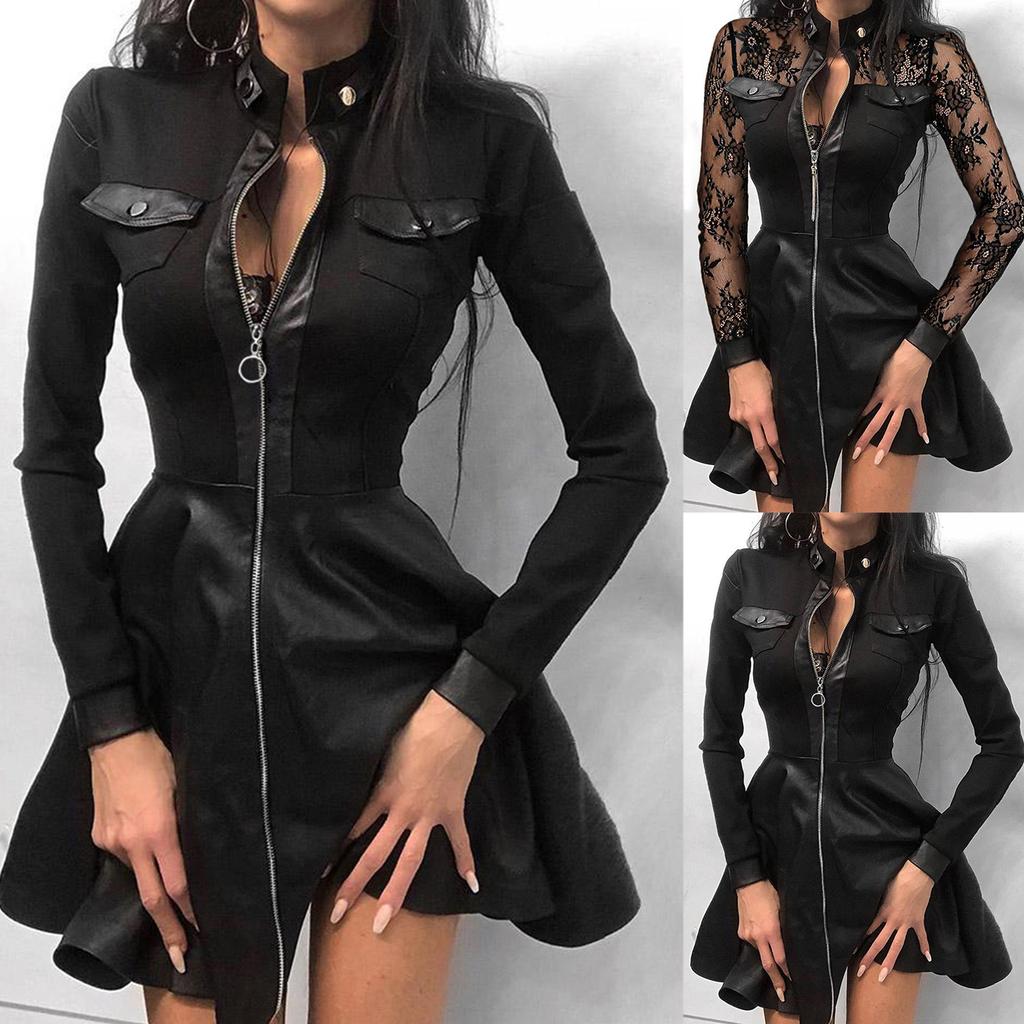 Fashion Sleeve Large Faux Hem Leather Long Mini Women Dress