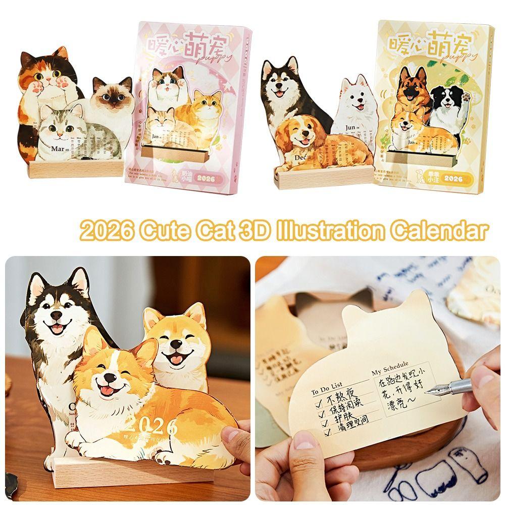 Pet Illustration 2026 Desk Calendar Cute Cat Dog Desktop Calendar Cartoon Table Planner Workplace