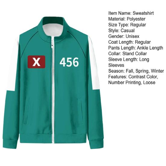 Yousheng Squid Games Season II Sweatshirt Zip-up Stand Collar Long Sleeve Number Printing Contrast Color Jacket TV Character Sportswear Elastic Waist