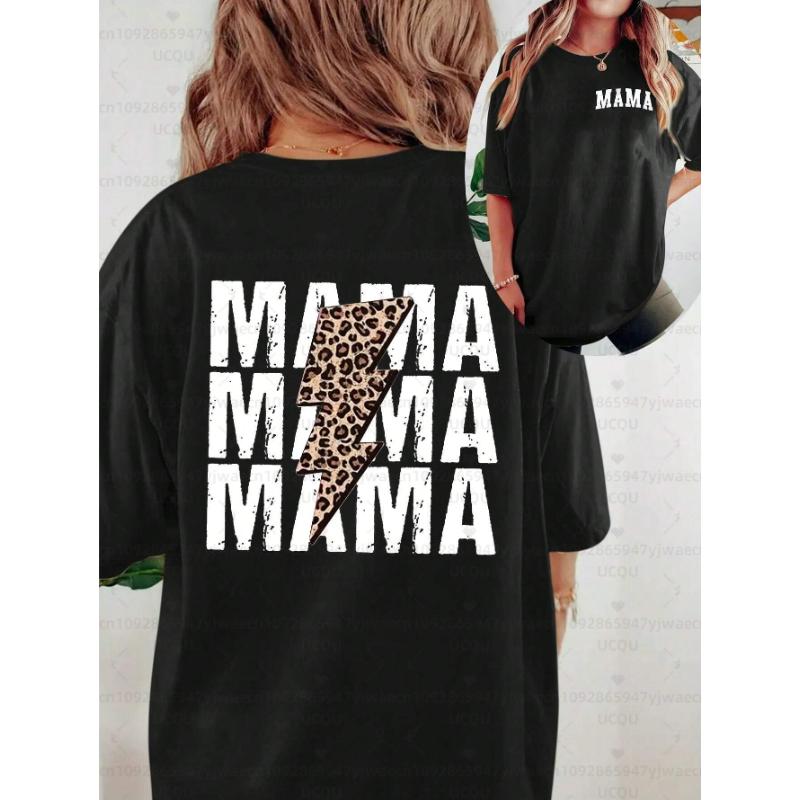 Dámské krátkorukávové ležérní tričko s potiskem písmen a blesku MAMA MAMA MAMA Grafické trička s potiskem geparda Dámská trička