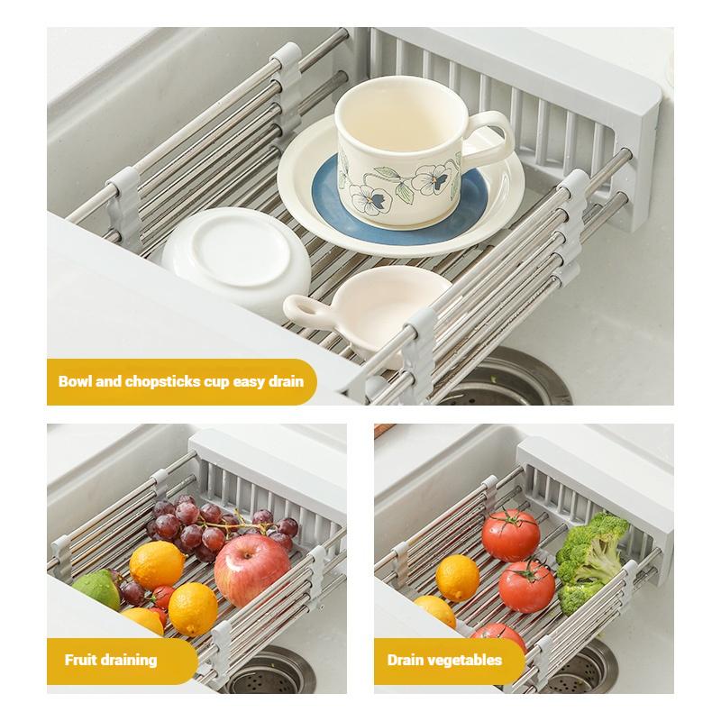 Kitchen Sink Drain Rack Stainless Steel Extendable Dish Drying Rack Drain Basket Fruit Vegetable Washing Drainer Storage Rack