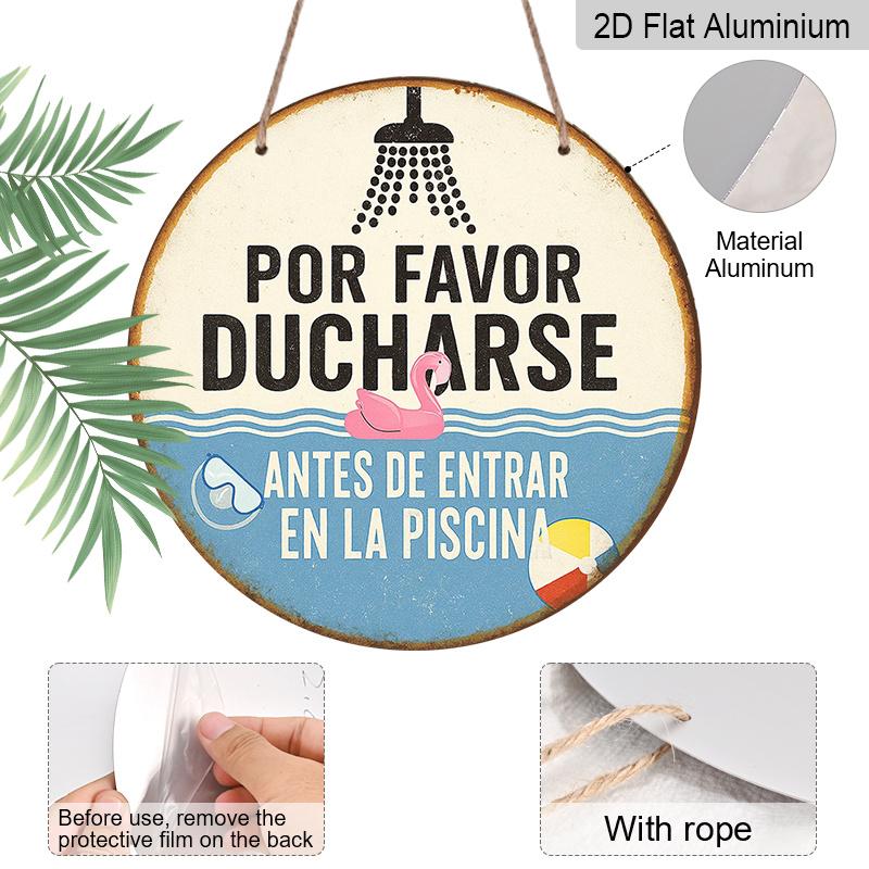 2D Flach, 1 Stück 2D Flach, Rundes Spanisches Aluminiumschild, "Bitte Vor dem Betreten des Pools duschen" Vintage Dekorative Plakette, Poolregel-Erinnerungsschild, Ideal