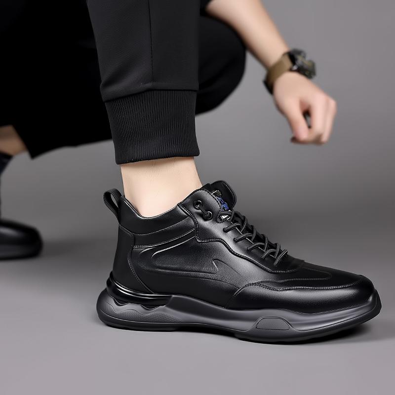 Fashion Ankle Boots Black Leather Men Flats Cotton Shoes Outdoor Autumn Winter Boots Comfortable Casual Fashion Platform Plush Boots Man