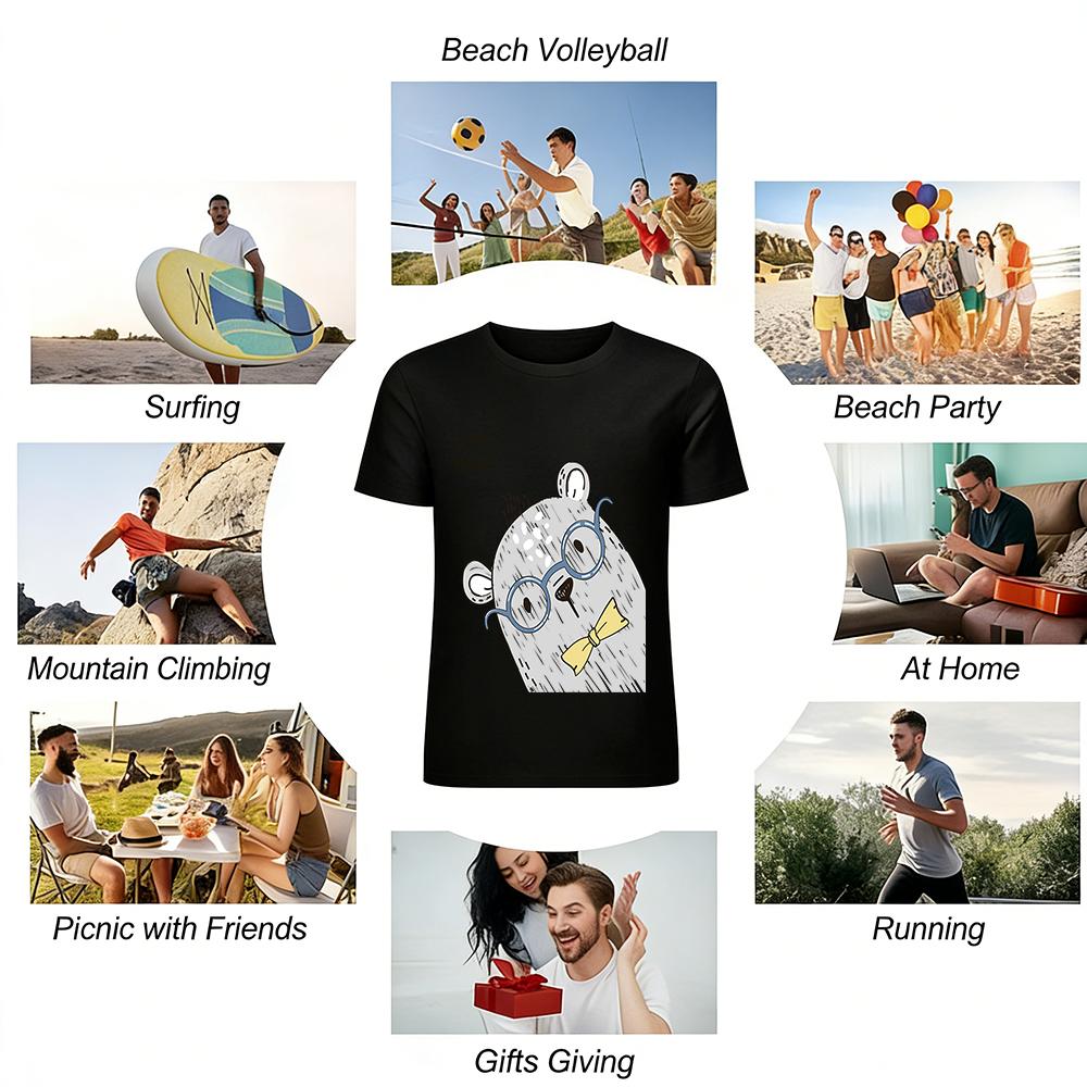 Cute Glasses Bear Print Casual T-Shirt for Adults and Kids Loose Breathable Daily Wear Top Pure cotton T-shirt